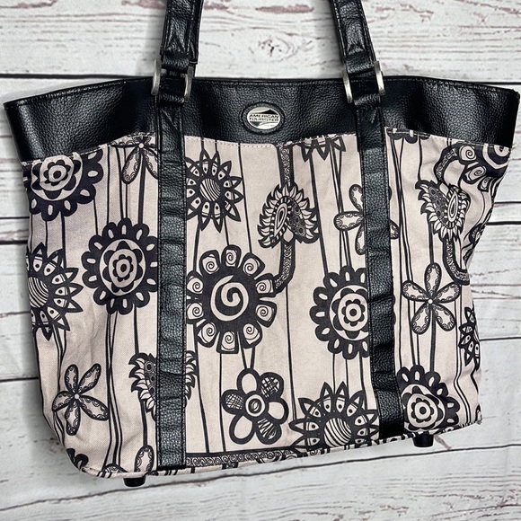 American Tourister Travel Bag Black Taupe Tan Floral Print Tote Bag Carryall! - Picture 2 of 11